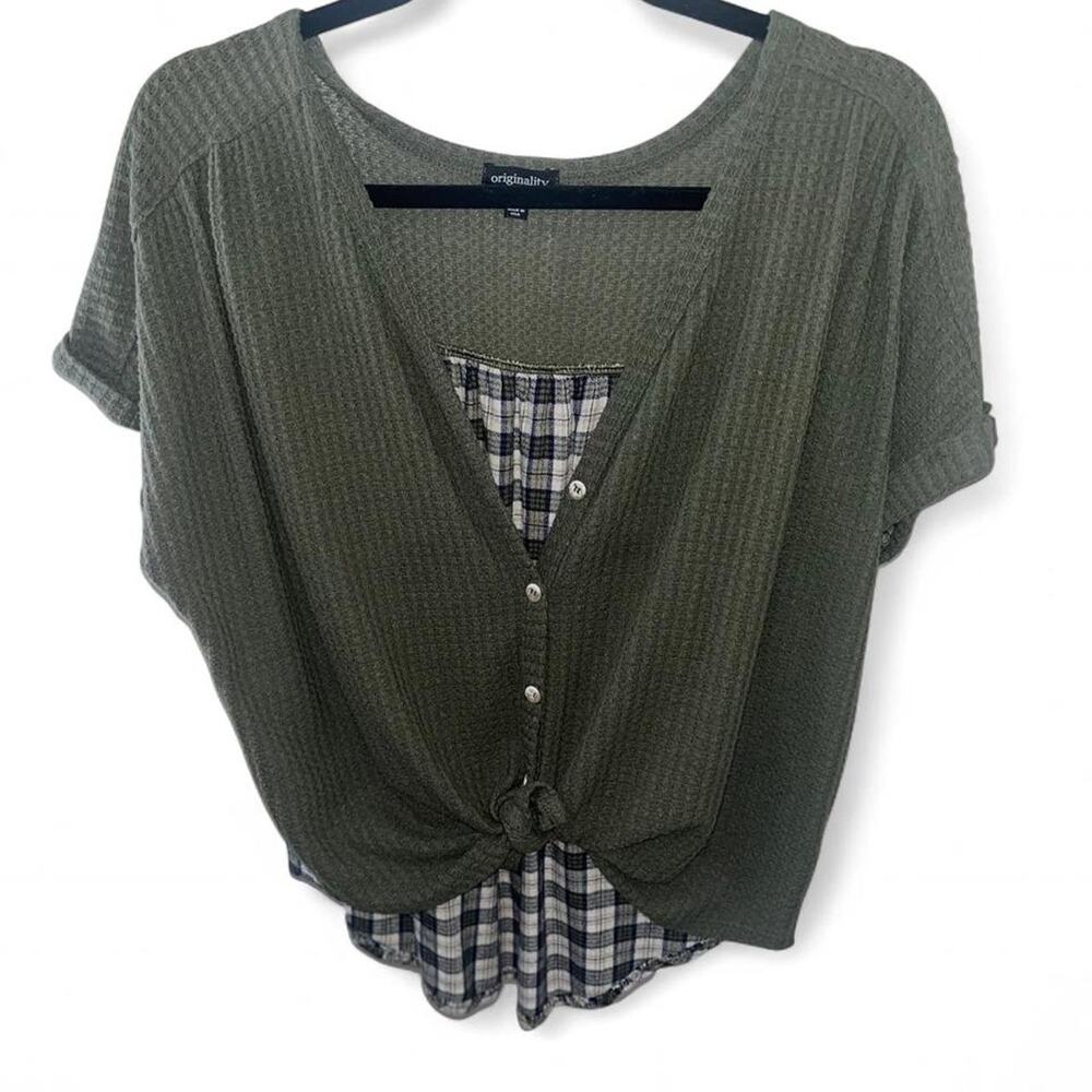 Women’s Originality Olive Green Plaid Waffle Knit Knot Top Size S